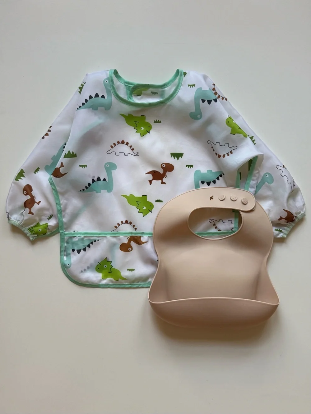 Set of 2 Baby Bibs - Silicone Beige Bib & Dinosaur Long-Sleeve Bib